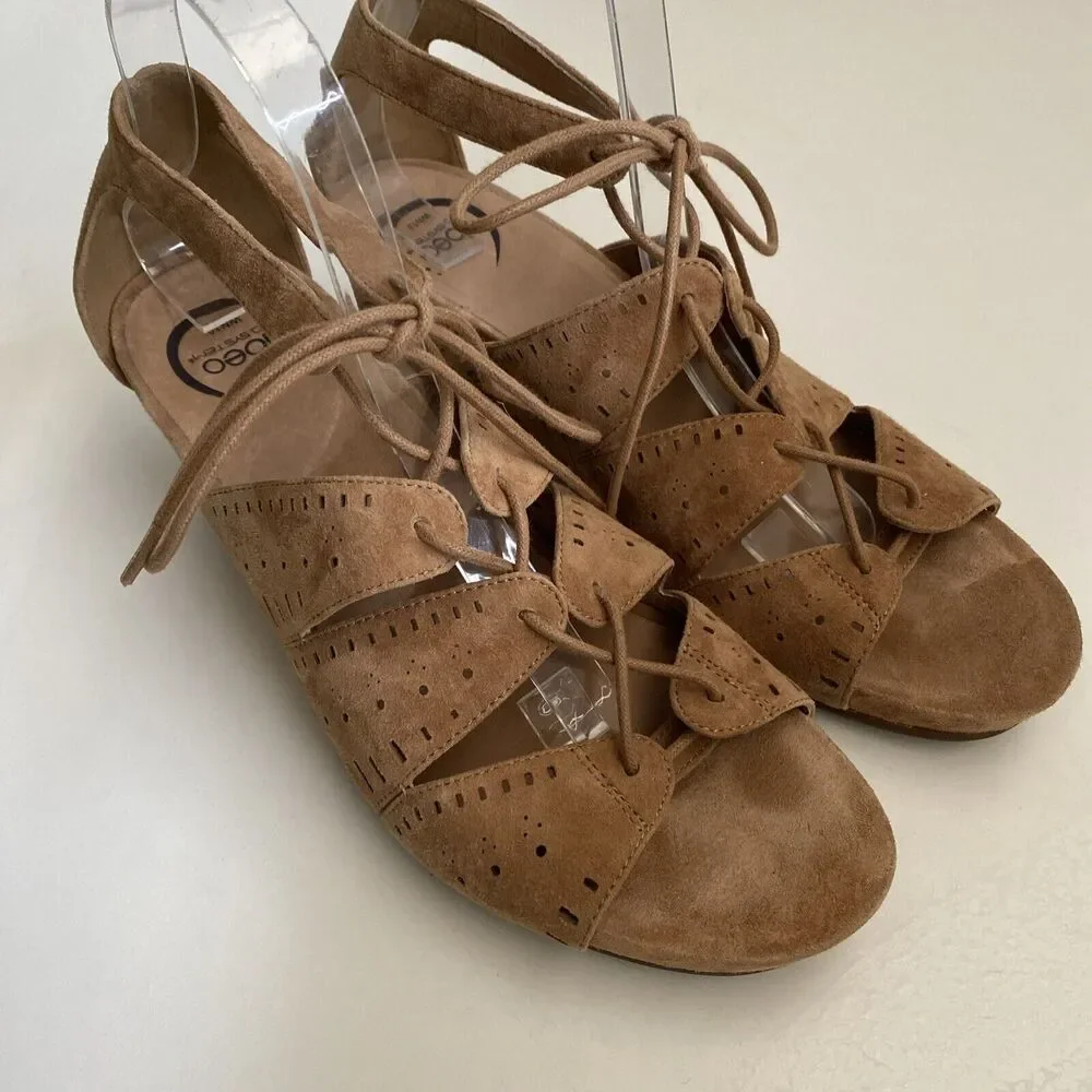 Abeo Lilia Tan Suede Cork Wedge Sandal Beige Brown Open Toe Strappy Tie …